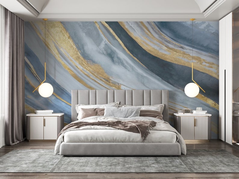 Blue Gold Stripes Marble Wallpaper Peel and Stick Wallpaper Self ...