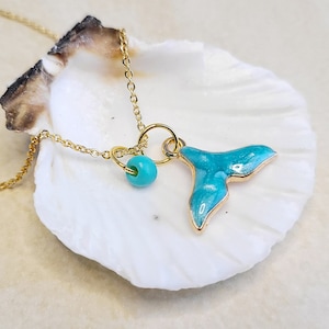 Dainty Mermaid Tail Necklace with Blue and Gold Pearlescent Charm, 16k GOLD plated chain with accent bead, Necklace for Beach Ocean Lover