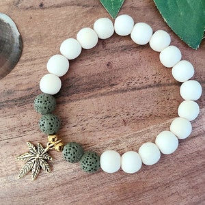 Cannabis Leaf Charm Beaded Bracelet, Essential Oil Diffuser Aromatherapy Bracelet, Cannabis Charm Bracelet, Stoner Gift Jewelry Accessory