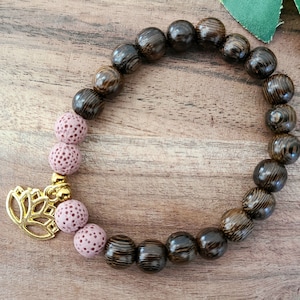 Lotus Flower Charm Beaded Bracelet, Essential Oil Diffuser Aromatherapy Bracelet, Yoga Symbol Lotus Bracelet, Wood and Lava Stone Bracelet