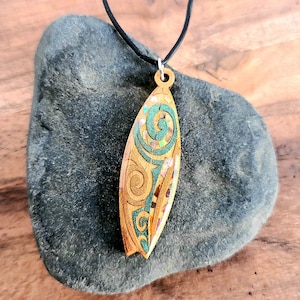 Surfboard Wood and Resin Necklace with Abalone Shell Inlay, Hand Painted Hawaiian Surfer Necklace, Hawaiian Tribal Surfboard Necklace