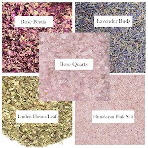 May include: A collage of four different ingredients: dried rose petals, rose quartz crystals, lavender buds, and Himalayan pink salt.  The ingredients are labeled with their names.