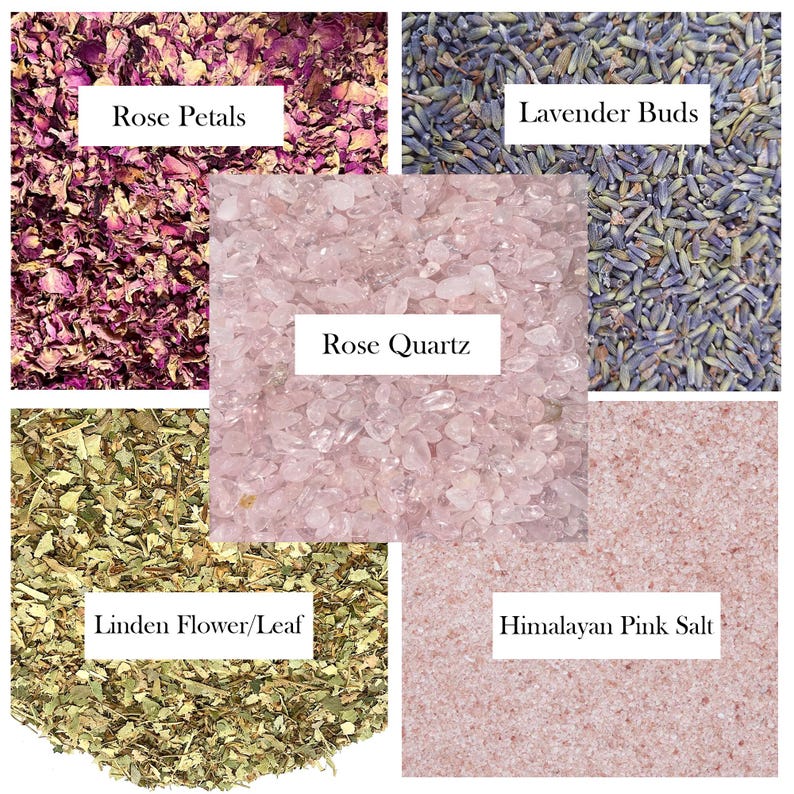 May include: A collage of four different ingredients: dried rose petals, rose quartz crystals, lavender buds, and Himalayan pink salt.  The ingredients are labeled with their names.