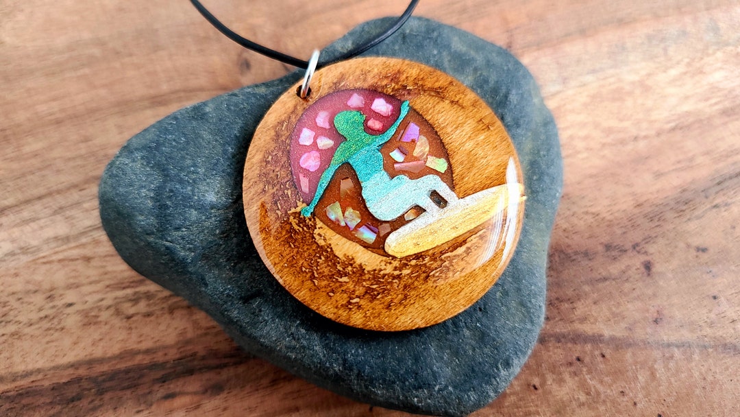Surfer Girl Necklace, Hand Painted Wave Surfer Necklace, Hawaiian