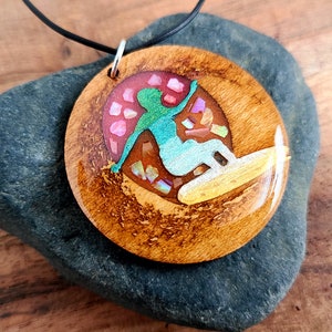 Surfer Girl Necklace, Hand Painted Wave Surfer Necklace, Hawaiian Hippie Surf Necklace, Wood and Resin Necklace with Abalone Shell Inlay