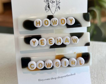 Cowgirl clips, cowgirl hair clips, howdy hair clips, toddler hair clips, personalized hair clip, single hair clip, alphabet bead hair clips