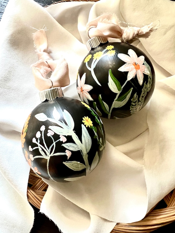 Hand Painted Floral Ornament, Floral Ornament, Black Christmas