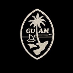 Puede incluir: Un parche bordado blanco con el sello de Guam. El sello presenta una palmera, un velero y la palabra "GUAM" en un contorno blanco.