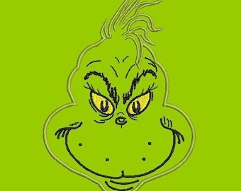 Fichier de broderie Grinch, conception de broderie machine visage Grinch, téléchargement instantané, conception d’applique grinch, visage grinch point de haricot