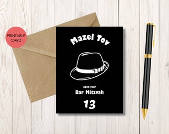 Bar Mitzvah Mazal Tov Card, Printable Jewish Congratulations Folded Card, Blue White Bar Mitzvah ...