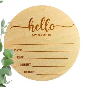 Hello World Baby Birth Announcement Plaque Wooden Disc Introducing Name Card image 3