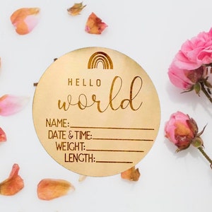 Hello World Baby Birth Announcement Plaque Wooden Disc Introducing Name Card image 8