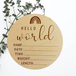 Hello World Baby Birth Announcement Plaque Wooden Disc Introducing Name Card image 5