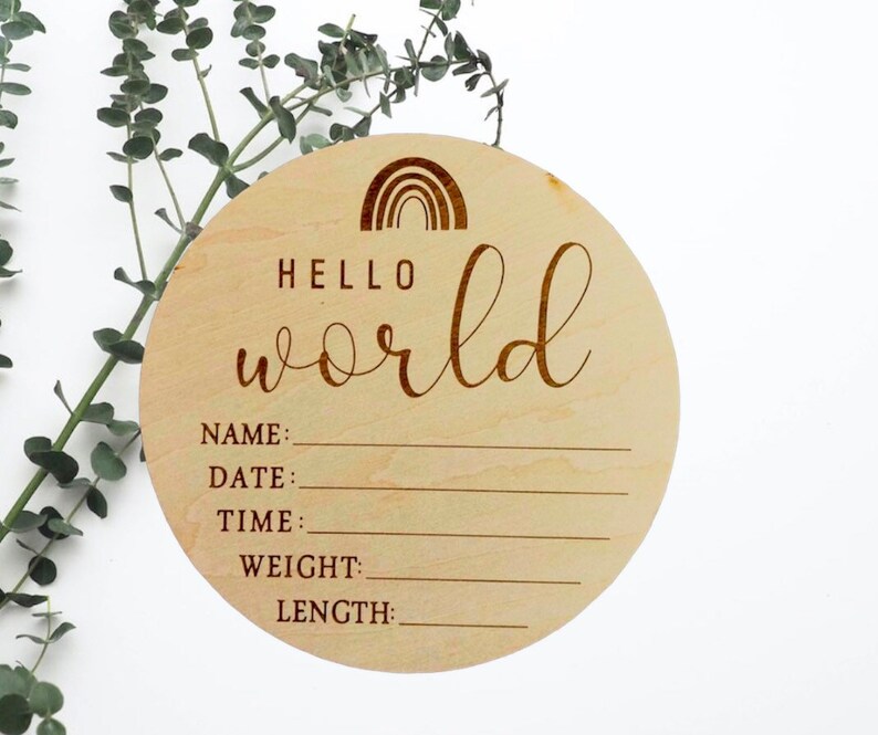 Hello World Baby Birth Announcement Plaque Wooden Disc Introducing Name Card image 5