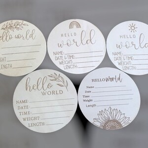 Hello World Baby Birth Announcement Plaque Wooden Disc Introducing Name Card image 2