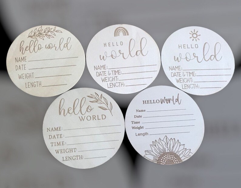 Hello World Baby Birth Announcement Plaque Wooden Disc Introducing Name Card image 2