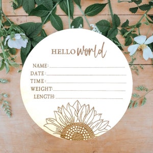 Hello World Baby Birth Announcement Plaque Wooden Disc Introducing Name Card image 6