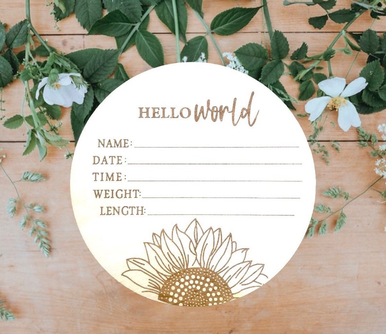 Hello World Baby Birth Announcement Plaque Wooden Disc Introducing Name Card image 6