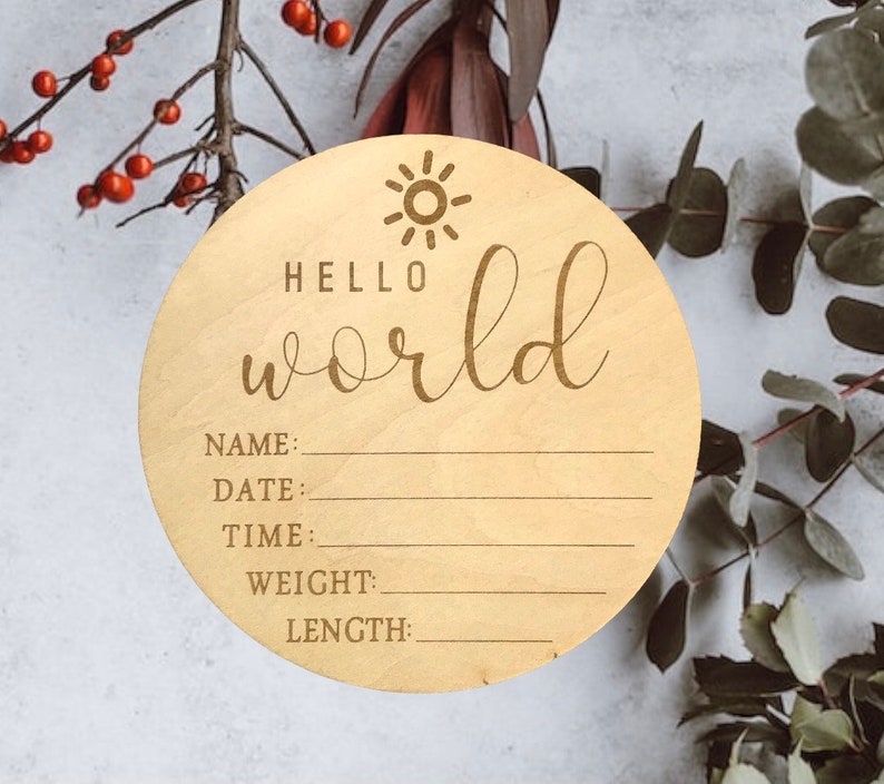 Hello World Baby Birth Announcement Plaque Wooden Disc Introducing Name Card image 7