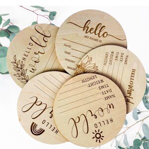 Hello World Baby Birth Announcement Plaque Wooden Disc Introducing Name Card image 1