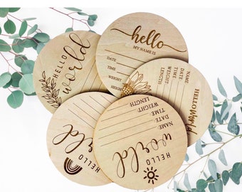 Hello World Baby Birth Announcement Plaque Wooden Disc Introducing Name Card