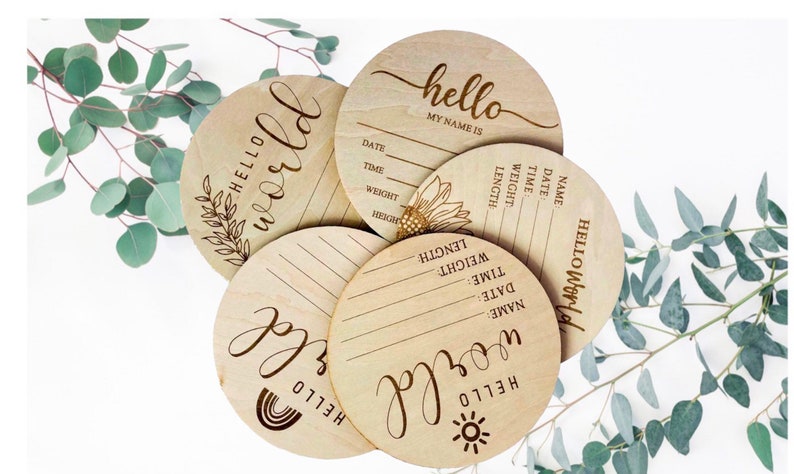 Hello World Baby Birth Announcement Plaque Wooden Disc Introducing Name Card image 1