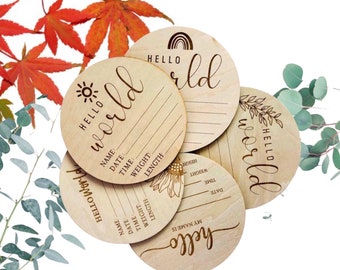 Large 14 cm- Hello World Baby Birth Announcement Plaque Wooden Disc Introducing Name Card