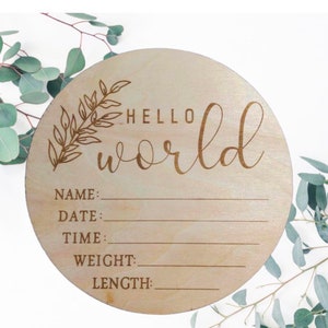 Hello World Baby Birth Announcement Plaque Wooden Disc Introducing Name Card image 9