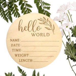 Hello World Baby Birth Announcement Plaque Wooden Disc Introducing Name Card image 4