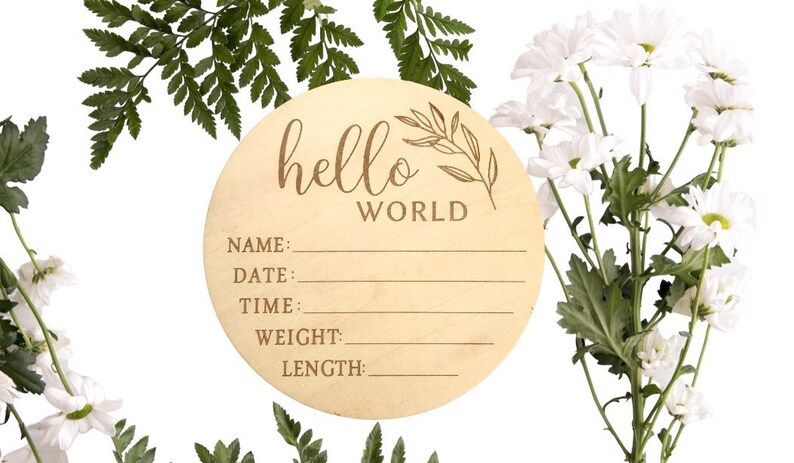 Hello World Baby Birth Announcement Plaque Wooden Disc Introducing Name Card image 4