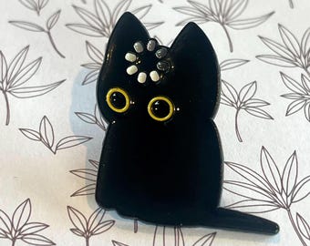 Black cat buffering meme enamel pin