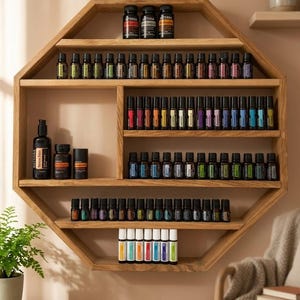 Ölregal ätherische Öle Eiche massiv – Achteck Wandregal Holz für Aromatherapie – Diffuser & Roll-On Halterung handgefertigt