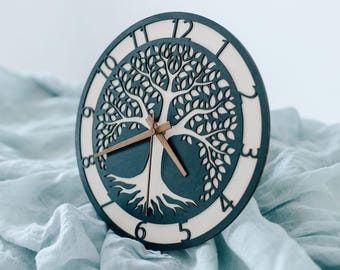 Wall clock Tree of Life wood black contrast with numbers – dial with quartz movement – spiritual wooden clock handmade