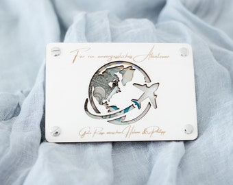 Personalized airplane world map money gift – Creative wooden travel money gift for long-distance travel, birthday, or vacation
