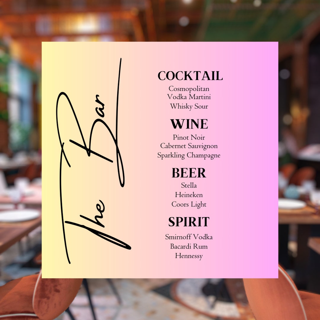Bar Menu Sign Bar Menu Template Birthday Drink Menu Bar Etsy
