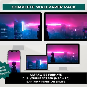 Pode incluir: Um pacote completo de papéis de parede exibido em vários dispositivos, incluindo dois monitores de computador, um smartphone e um laptop. Os papéis de parede apresentam uma paisagem urbana com tons rosa e azul. O texto inclui "COMPLETE WALLPAPER PACK".
