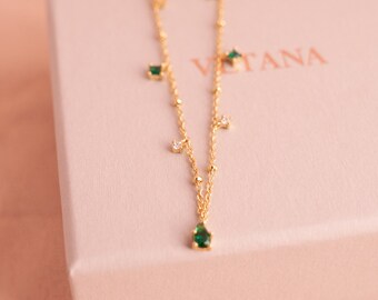 Green CZ necklace, Tiny Emerald Green Charm Necklace, Gold teardrop necklace, Necklace with green stones, Emerald necklace gold
