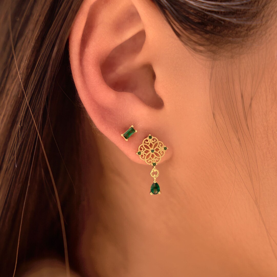 Dainty Gold Emerald Earrings Tiny Cute Stud Earrings Green Etsy