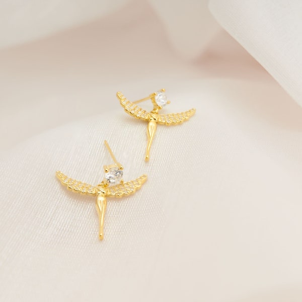 Golden Angel Wing Earrings, Athena Earrings, The Guardian Wings Earrings, Women Body Earrings, 18k Gold Religious Earrings