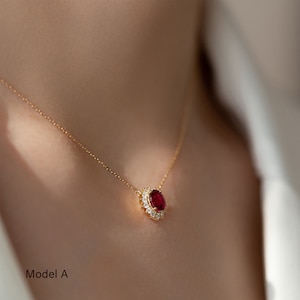 Ruby red cz necklace, Red garnet pendant necklace, Ruby red bridal necklace, Handmade Oval Pendant, Dainty Birthstone Necklace