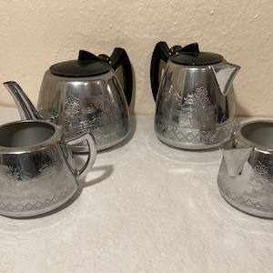 Vintage Swan Brand Willow ware Tea/Coffee Set. Four Piece Etched Metal Drinkware set