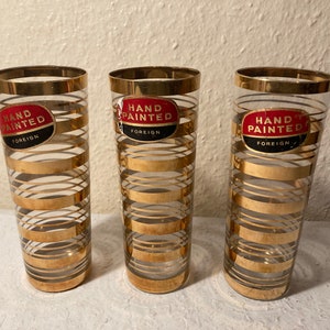 Vintage Mid Century Gold banded glass cocktail glasses. Handpainted glass highball cocktail glasses set of 3.