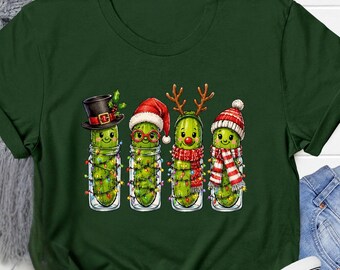 Funny Christmas Pickle Shirt, Festive Vegetable Family Tee, Cute Holiday Food T-Shirt, Winter Lights Gift for Pickle Lovers