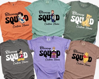 Comfort Colors® Birthday Squad Shirt, Disney Characters Birthday Tee, Personalized Custom Name Shirt, Matching Family Party Shirts