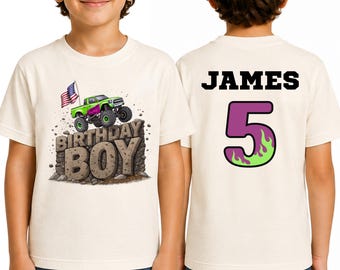 Monster Truck Birthday Shirt, Personalized Name and Age Tee, Birthday Boy Outfit, Kids Racing Party Gift