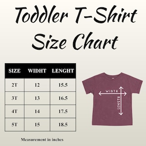 The image is a size chart for toddler t-shirts, providing measurements for different age groups.