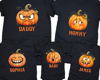 Personalized Pumpkin Family Halloween Shirts, Custom Matching Halloween Tee, Mommy Daddy Kids Pumpkin Faces, Fall Family Outfit