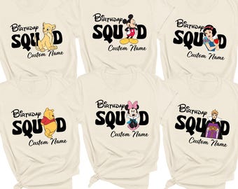 Disney Birthday Squad Shirt, Personalized Mickey Minnie Birthday Shirt, Custom Name Disney Characters Family Matching Tee