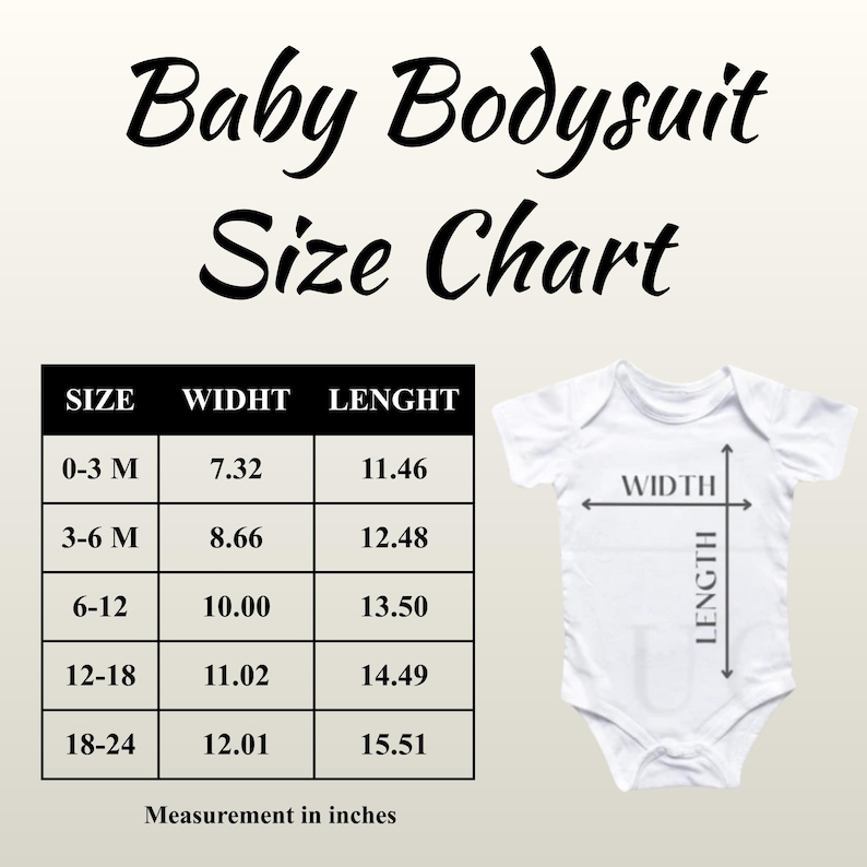 The image is a size chart for a baby bodysuit, providing measurements for different age groups from 0 to 24 months.