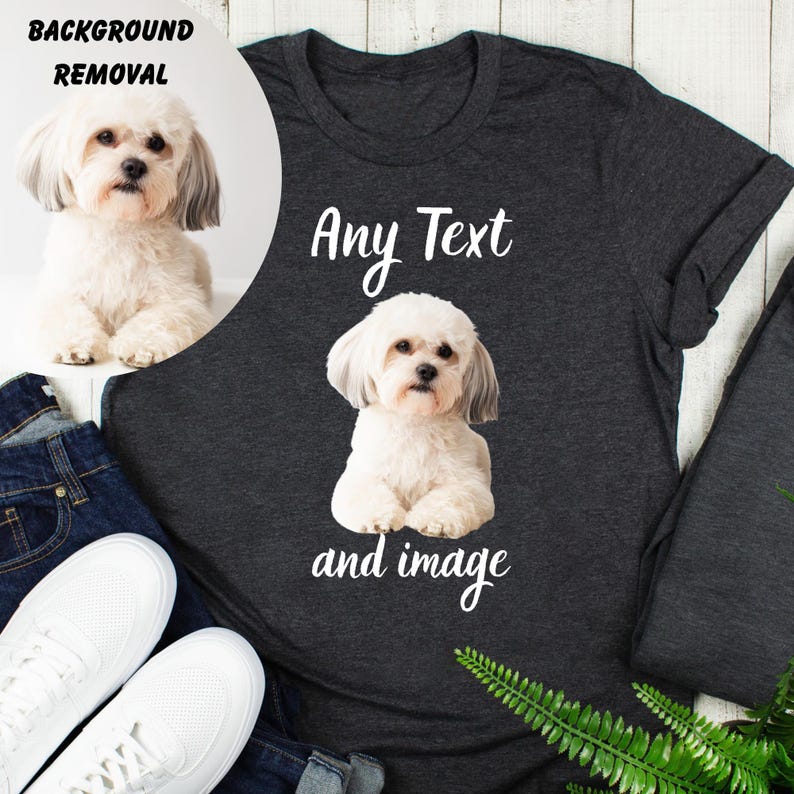 a black t-shirt with a white dog image and the text "Any Text and image" printed on it.